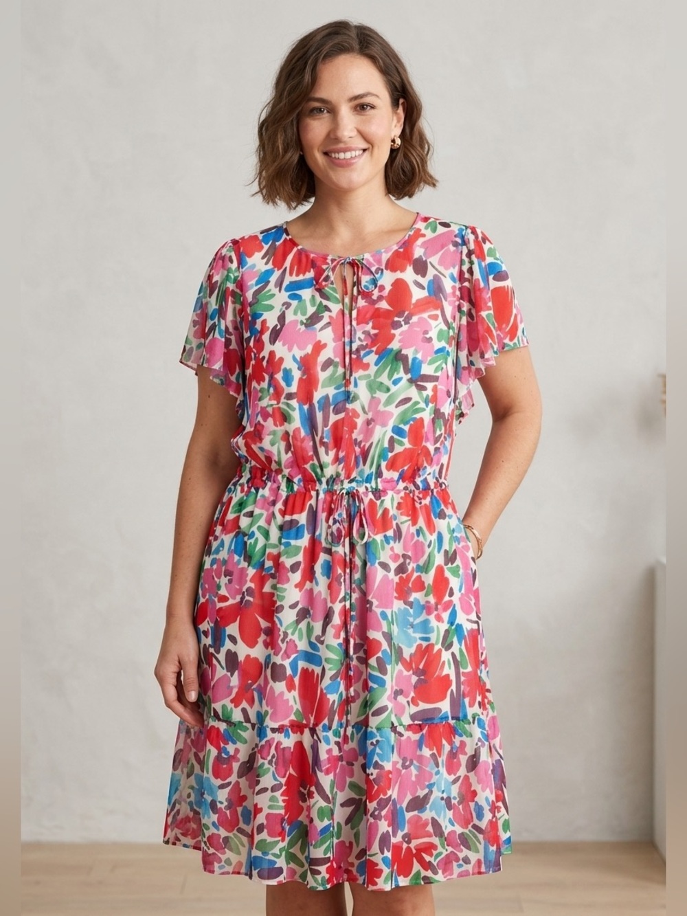 Multicolor Floral Tie-Front Midi Semi-Casual Spring Summer Dress Plus Size 18W